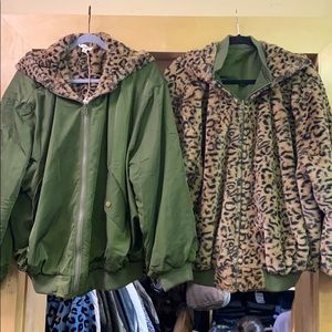 Easel reversible green and leopard bomber jacket